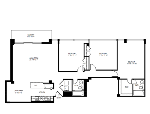 Floor plan for 3 beds, 2 baths, 1570 sqft